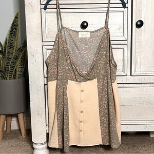 Sugarfox Cream & Floral Color Block Spaghetti Strap Faux Button Front Tank 2XL
